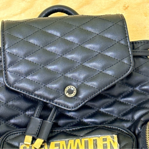 Steve Madden Black Quilted Backpack Gold Logo Zip Pockets NEW